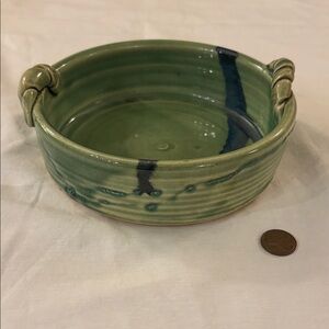 Vintage Green Ceramic Bowl with Handles